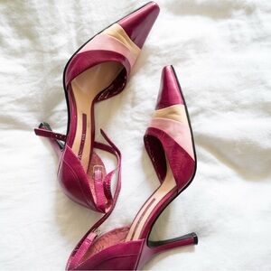 Vintage Colorblock Leather Slingback Heels | Burgundy & Blush Pointed Toe
